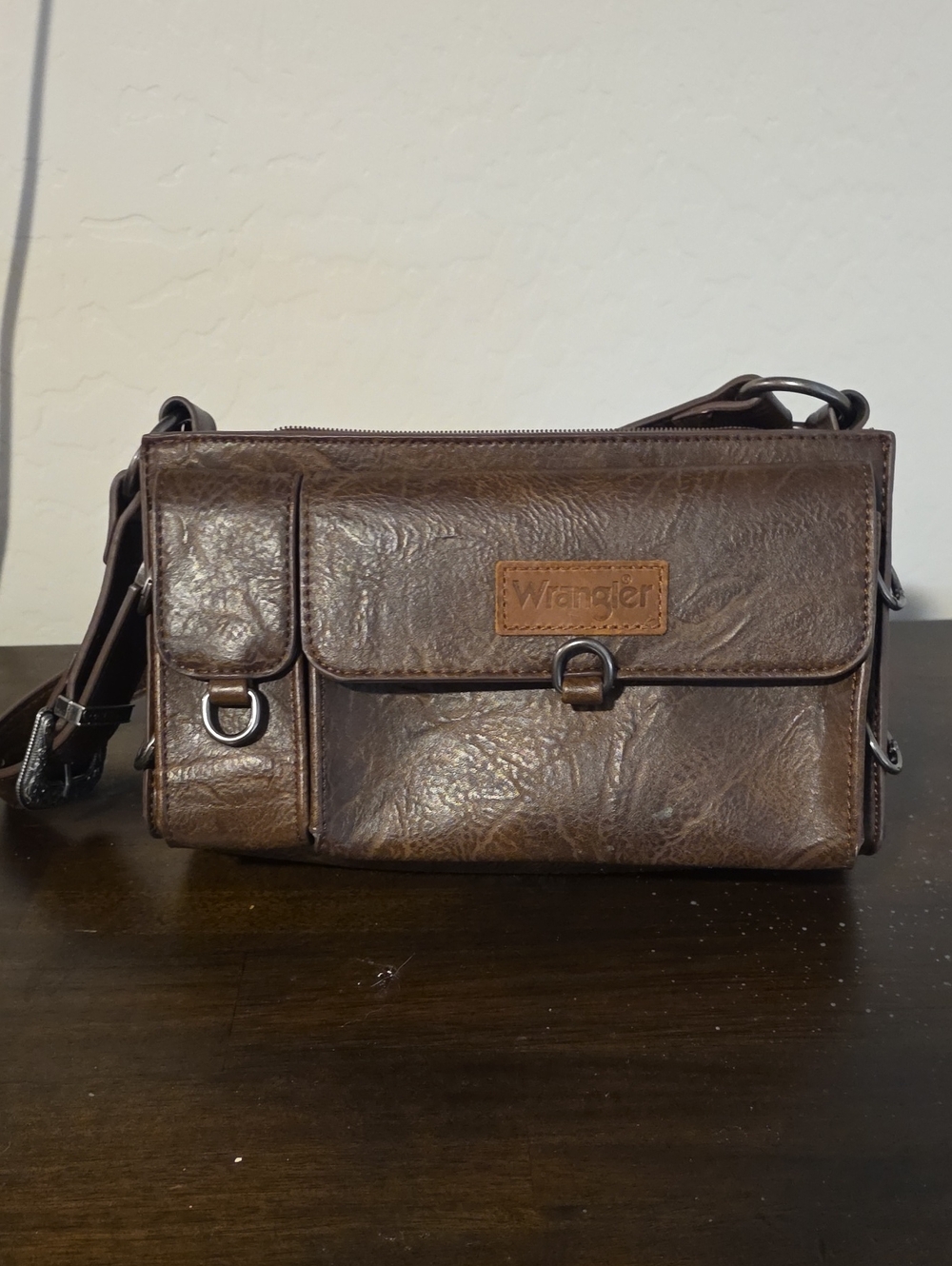 Wrangler Dark Brown Leather Messenger Bag with Front Flap
